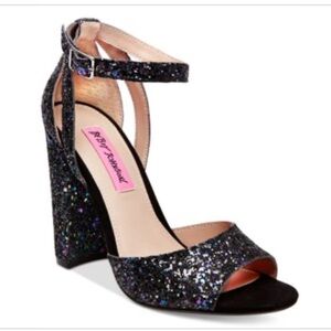 Betsey Johnson Glissten Ankle Strap Sandals Black Glitter 7 US 4 inch block heel